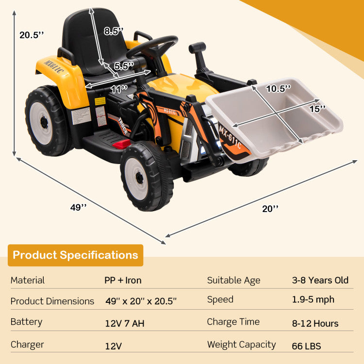 12V Battery Powered Wheels Kids Ride on Excavator with Adjustable Arm and Bucket