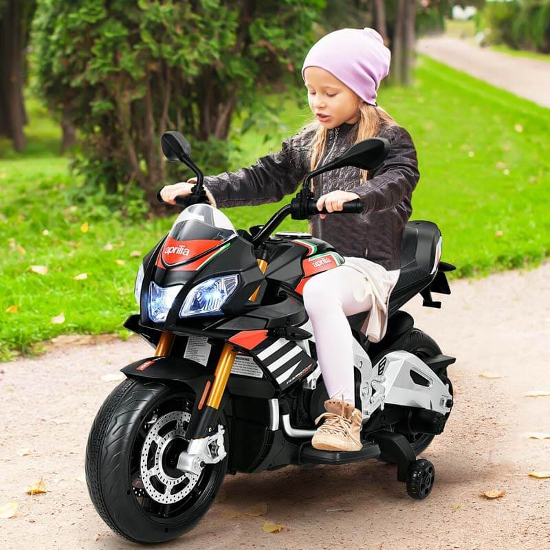 12V Aprilia Kids Electric Toddler Ride-On Motorbike with Training Wheels