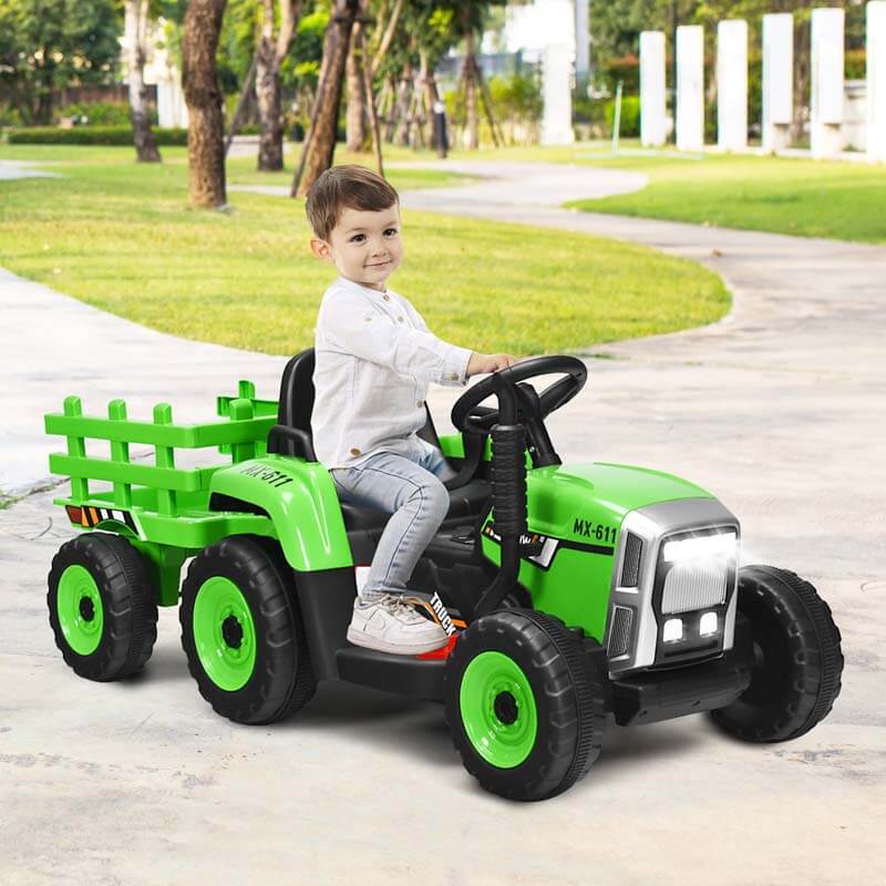 Kids Ride on Tractor with Trailer, 12V Battery Powered Electric Tractor Toy with Remote Control, 7 LED Headlights, 3-Gear-Shift Ground Loader