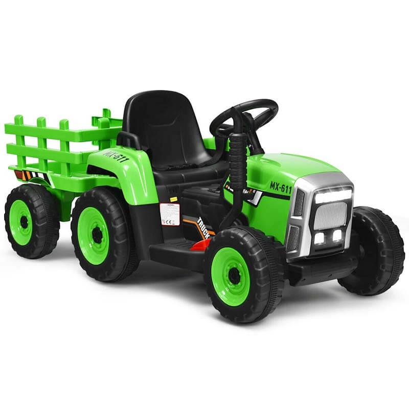 Kids Ride on Tractor with Trailer, 12V Battery Powered Electric Tractor Toy with Remote Control, 7 LED Headlights, 3-Gear-Shift Ground Loader