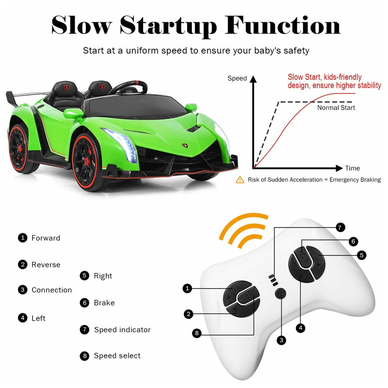 2-Seater Kids Ride On Car 12V Licensed Lamborghini Poison Electric Vehicle with Remote Control & LED Lights Swing Mode