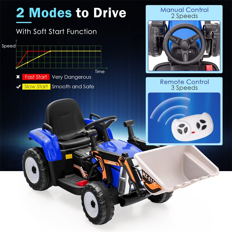 12V Kids Ride-On Excavator Tractor Car Electric Construction Vehicle with Adjustable Digging Bucket & Remote Control