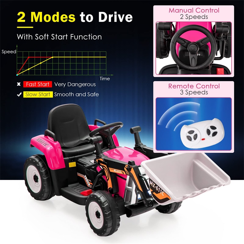 12V Kids Ride-On Excavator Tractor Car Electric Construction Vehicle with Adjustable Digging Bucket & Remote Control