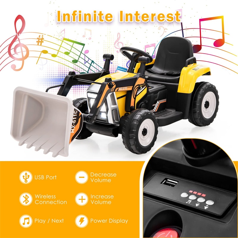 12V Kids Ride-On Excavator Tractor Car Electric Construction Vehicle with Adjustable Digging Bucket & Remote Control