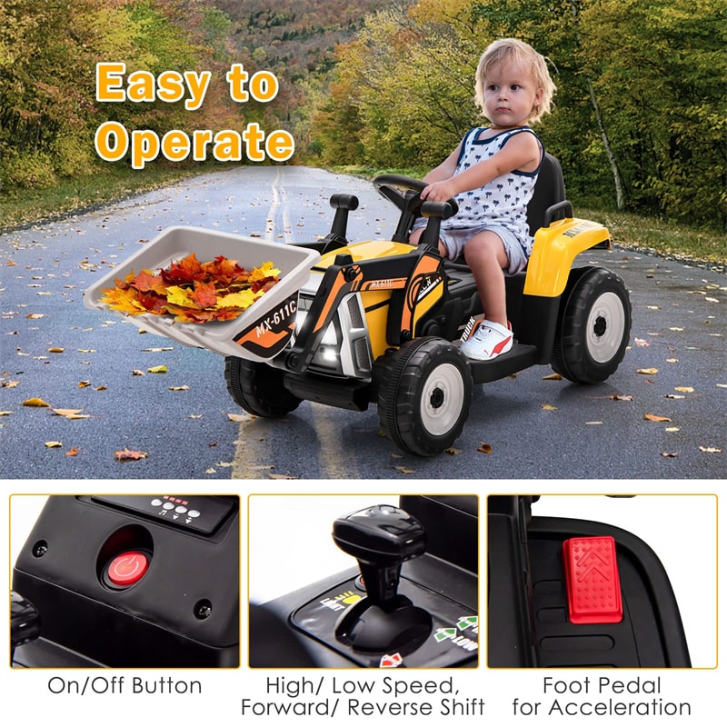 12V Kids Ride-On Excavator Tractor Car Electric Construction Vehicle with Adjustable Digging Bucket & Remote Control