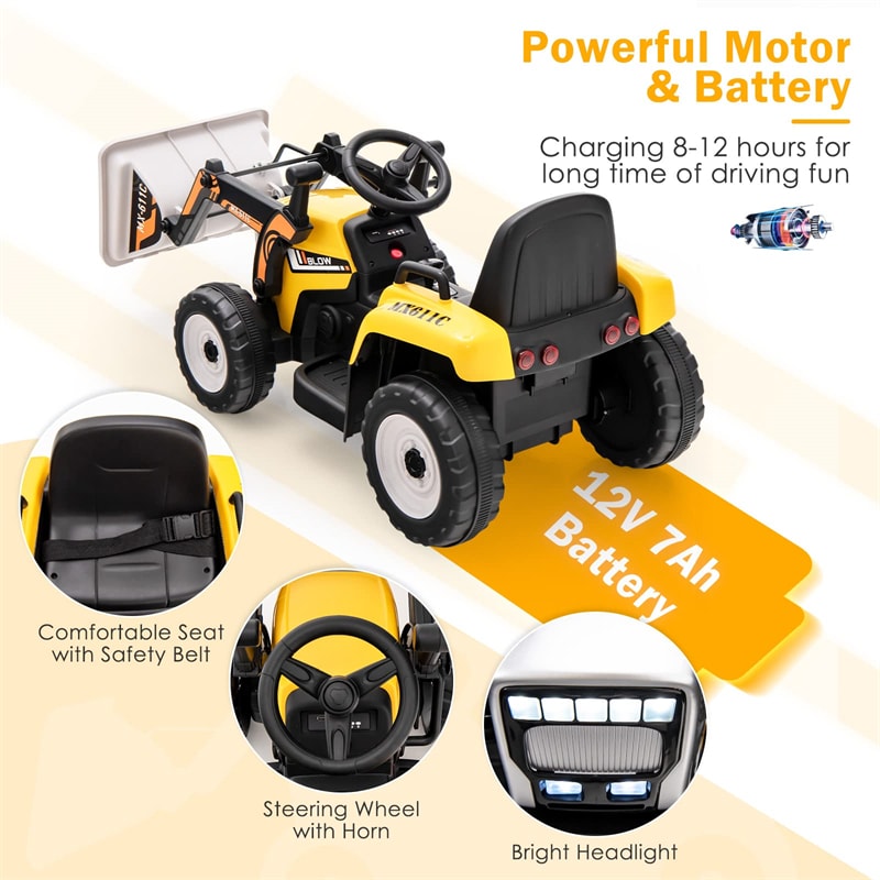 12V Kids Ride-On Excavator Tractor Car Electric Construction Vehicle with Adjustable Digging Bucket & Remote Control