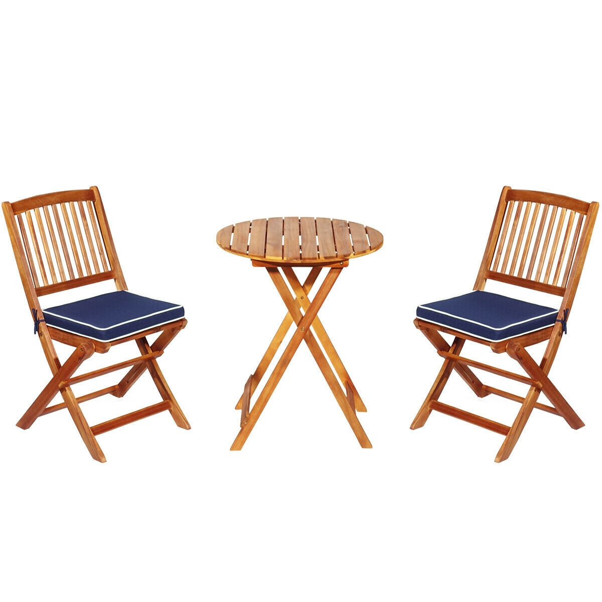 3 Pieces Patio Folding Wooden Bistro Set Cushioned Chair