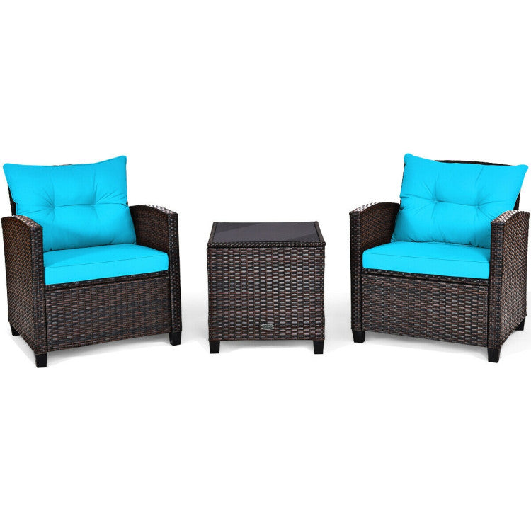 3 Pieces Rattan Patio Furniture Set with Easy-to-clean Cushions