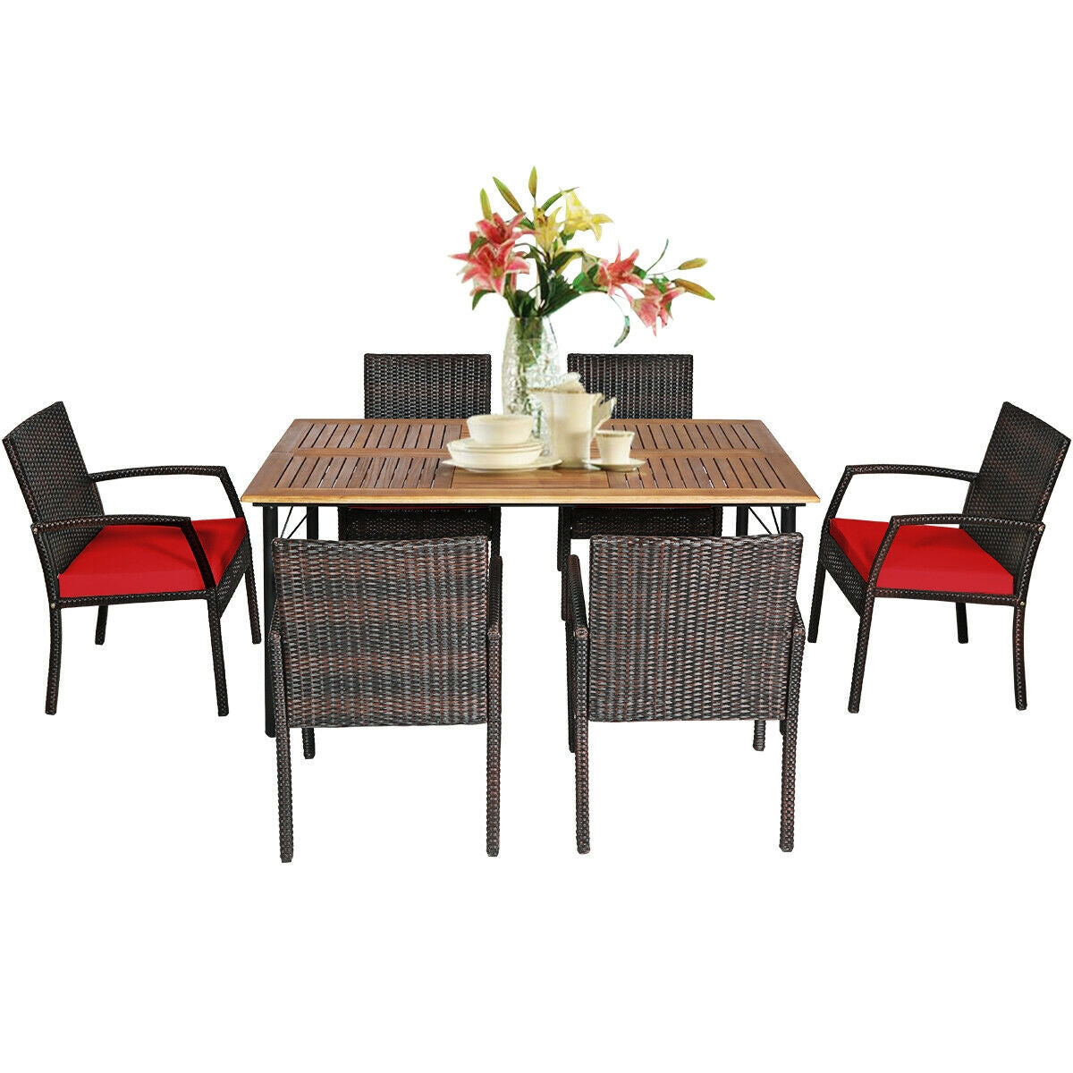 7 Pieces Patio Rattan Cushioned Dining Set with Umbrella Hole