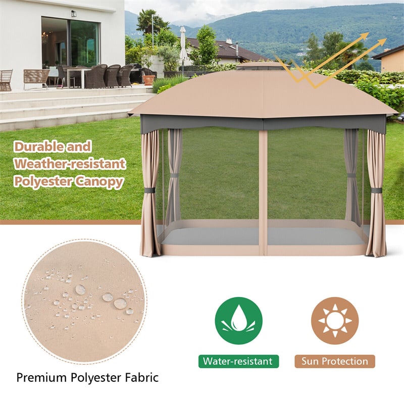 12' x 10' Heavy Duty Steel Patio Gazebo Double Vented Outdoor Gazebo Canopy with Mesh Screen Netting & Zippered Privacy Curtains