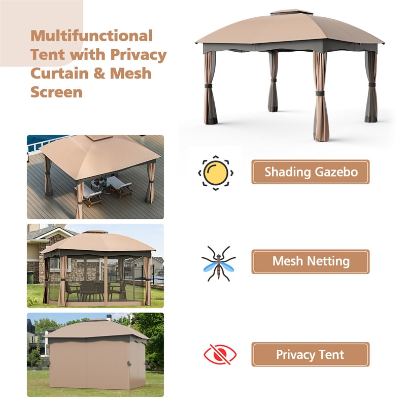 12' x 10' Heavy Duty Steel Patio Gazebo Double Vented Outdoor Gazebo Canopy with Mesh Screen Netting & Zippered Privacy Curtains