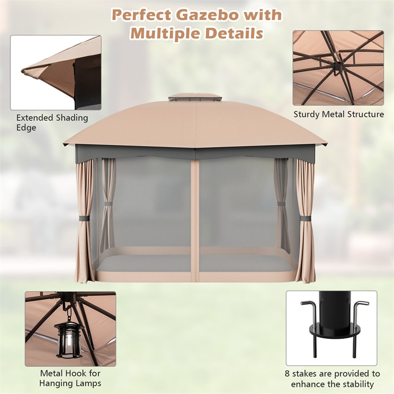 12' x 10' Heavy Duty Steel Patio Gazebo Double Vented Outdoor Gazebo Canopy with Mesh Screen Netting & Zippered Privacy Curtains