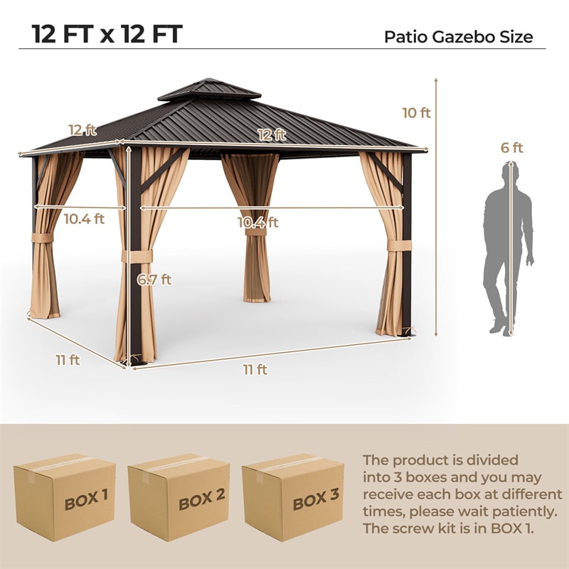 12' x 12' Hardtop Gazebo Galvanized Steel Double Roof Patio Gazebo Aluminum Frame Permanent Pavilion Gazebo with Netting & Curtains