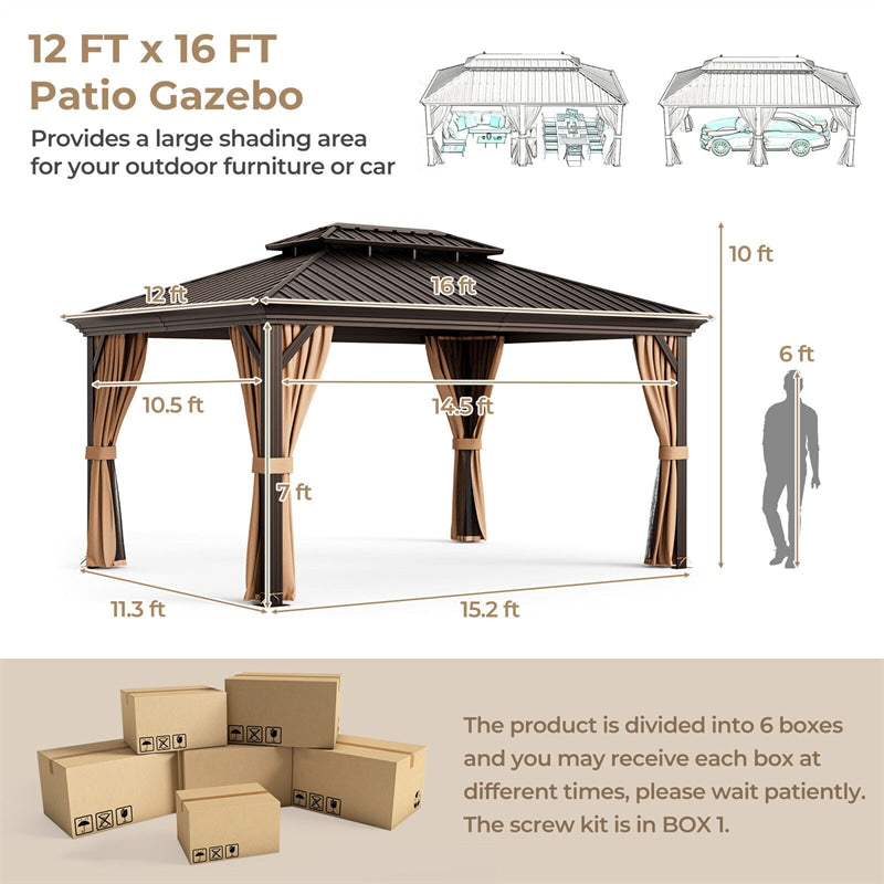 12' x 16' Double-Roof Hardtop Gazebo Outdoor Galvanized Steel Roof Gazebo Aluminum Frame Permanent Gazebo Backyard Pavilion with Curtains & Netting