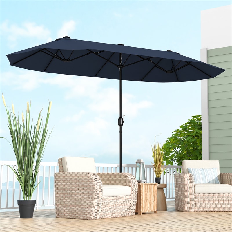 13FT Double-sided Patio Umbrella Extra Large Twin Table Umbrella Outdoor Market Umbrella with Crank Handle & Umbrella Base