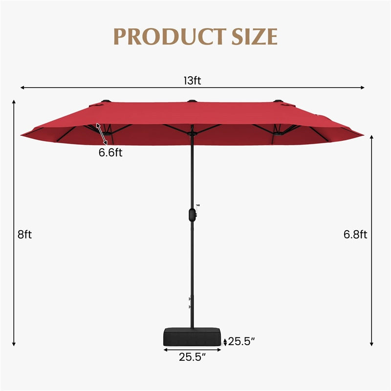 13FT Double-sided Patio Umbrella Extra Large Twin Table Umbrella Outdoor Market Umbrella with Crank Handle & Umbrella Base