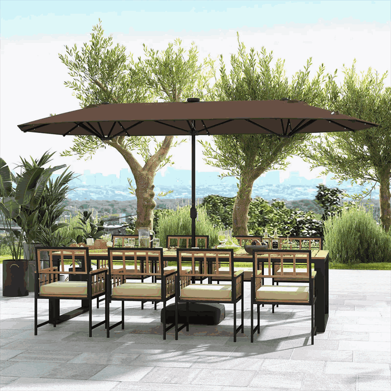 13FT Double-sided Patio Umbrella Large Twin Table Umbrella Outdoor Market Umbrella with Solar Lights, Crank Handle, Umbrella Base