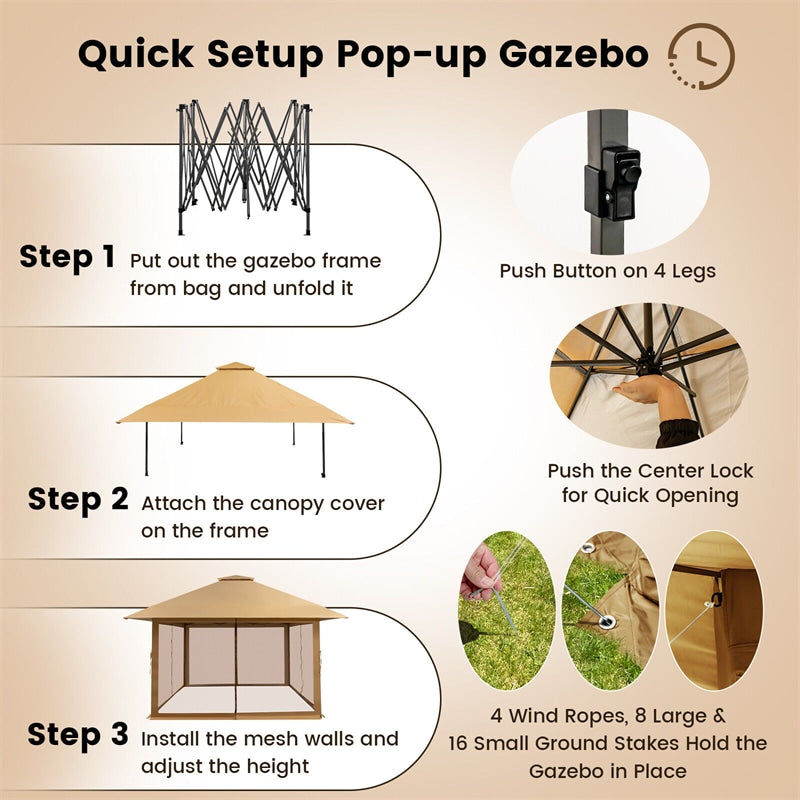 13 x 13FT Pop-Up Gazebo 2-Tier Outdoor Instant Canopy Gazebo with Mesh Sidewalls & Wheeled Bag