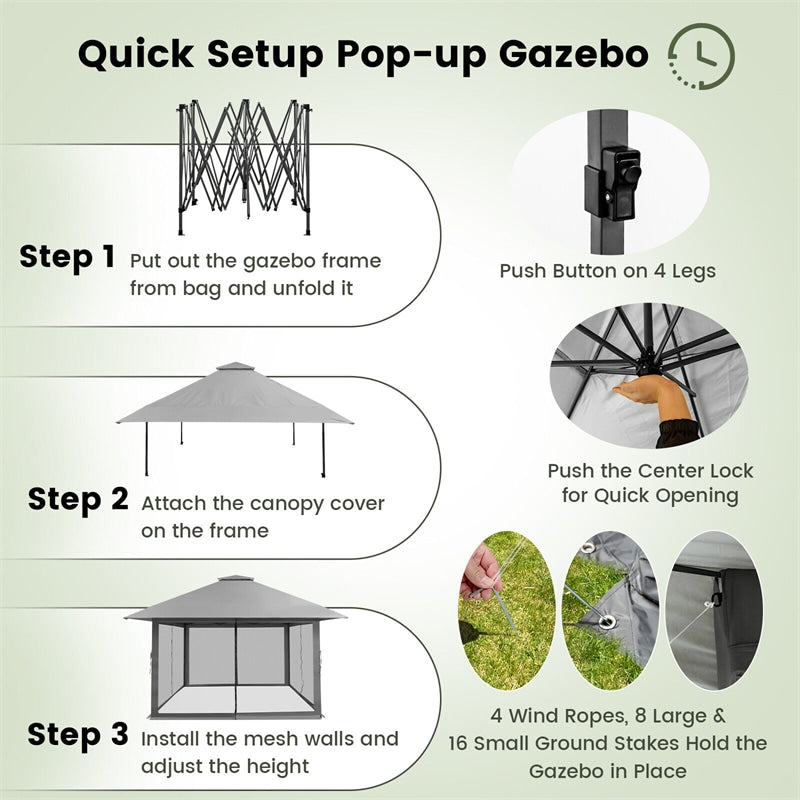 13 x 13FT Pop-Up Gazebo 2-Tier Outdoor Instant Canopy Gazebo with Mesh Sidewalls & Wheeled Bag