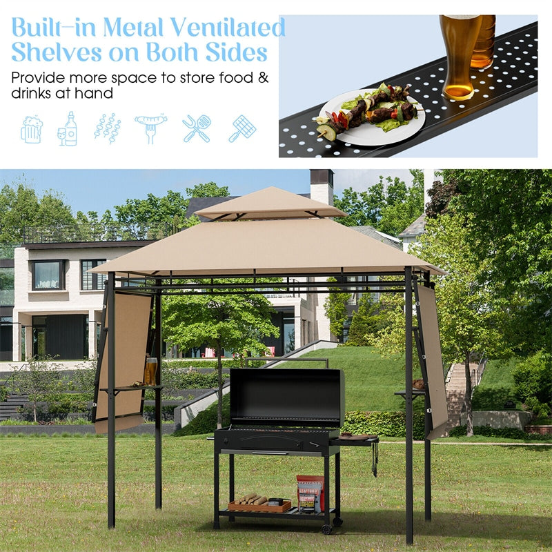 13.5' x 4' Patio BBQ Grill Gazebo 2-Tier Outdoor Grill Gazebo Canopy Shelter with Dual Side Awnings Shelves