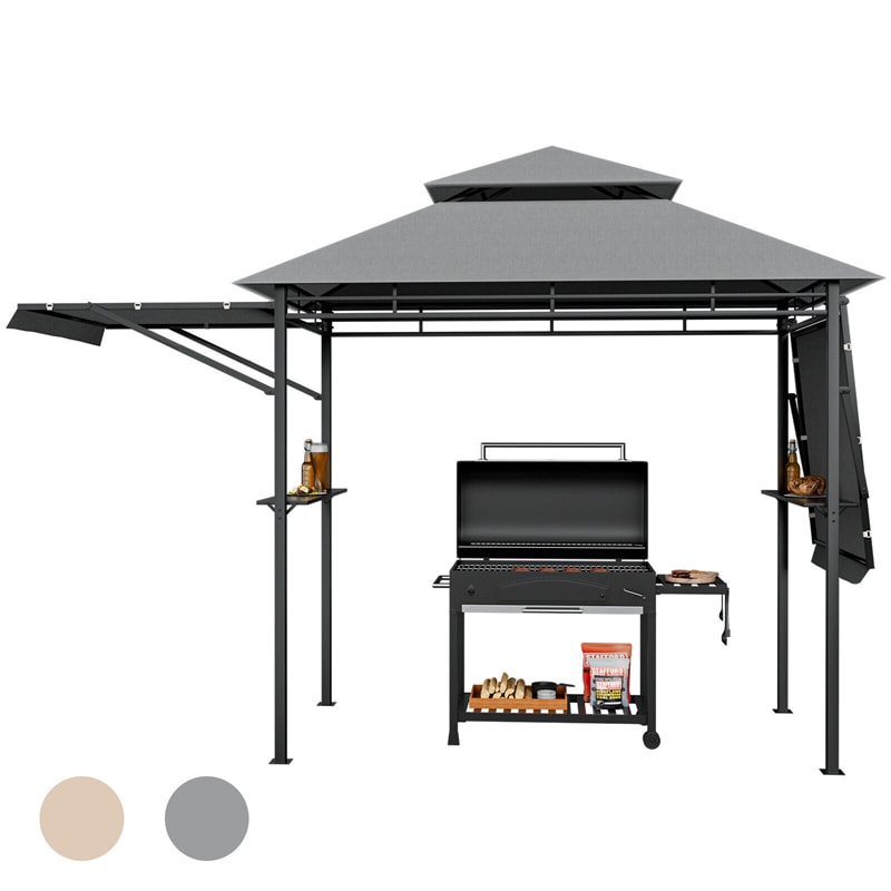 13.5' x 4' Patio BBQ Grill Gazebo 2-Tier Outdoor Grill Gazebo Canopy Shelter with Dual Side Awnings Shelves