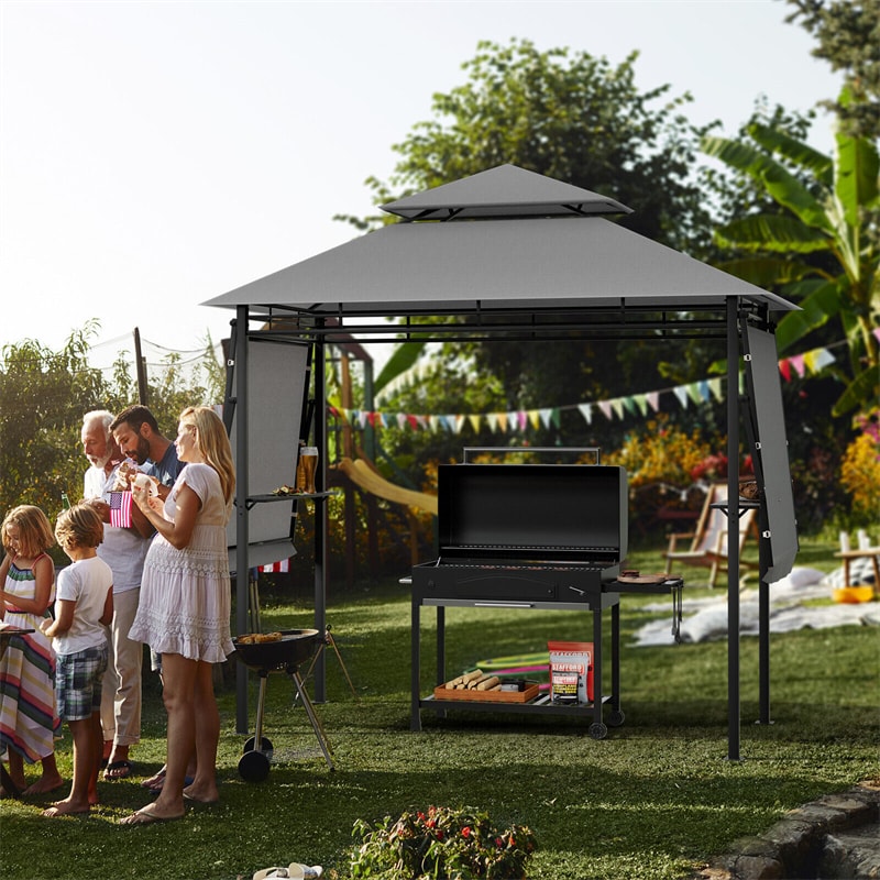 13.5' x 4' Patio BBQ Grill Gazebo 2-Tier Outdoor Grill Gazebo Canopy Shelter with Dual Side Awnings Shelves