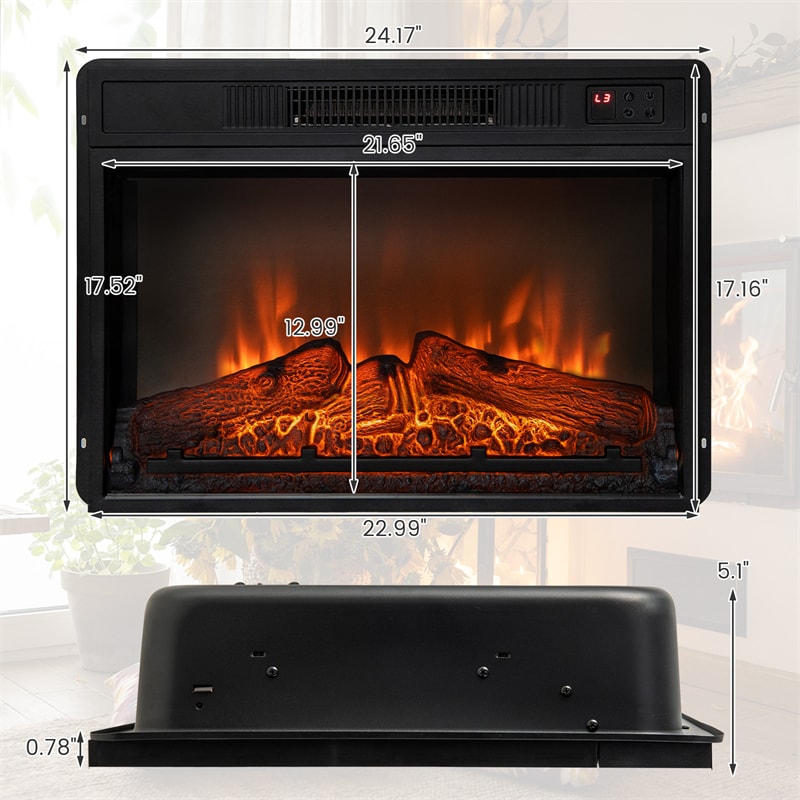 23" Electric Fireplace Insert 1400W Recessed Freestanding Fireplace Heater with Remote Control & Adjustable Flame