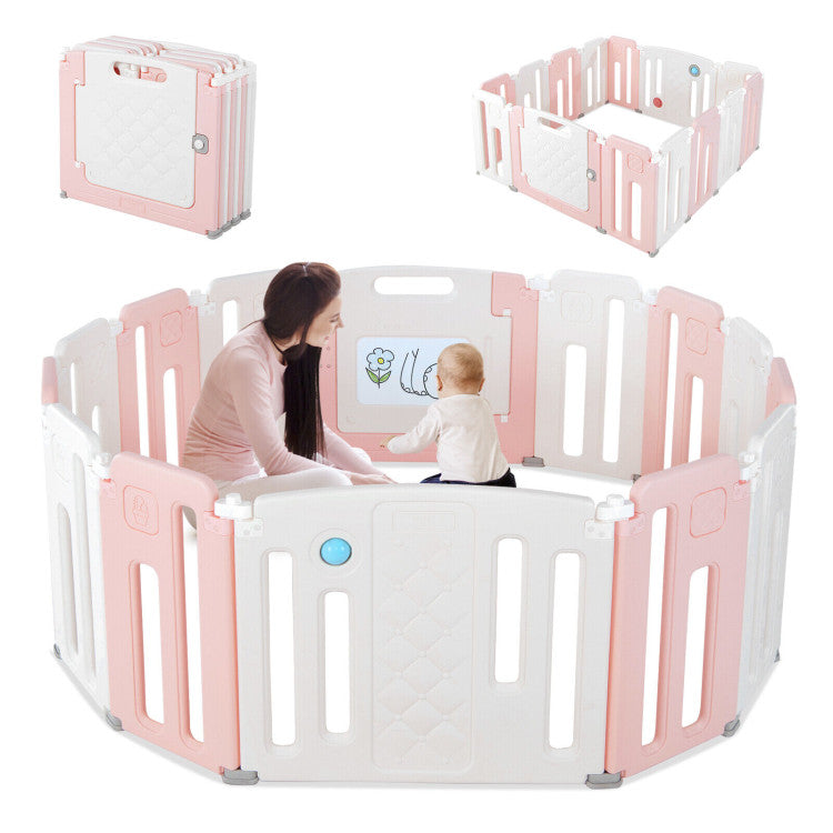 14 Panels Baby Playpen Safety Activity Play Center with Drawing Board