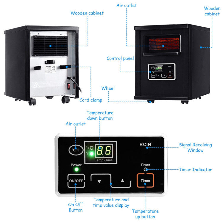 1500W Electric Portable Remote Infrared Heater with Wheels