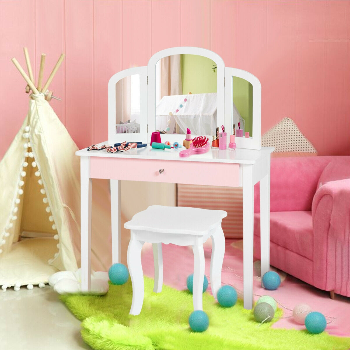 Kids Princess Make Up Dressing Table with Tri-folding Mirror and Chair