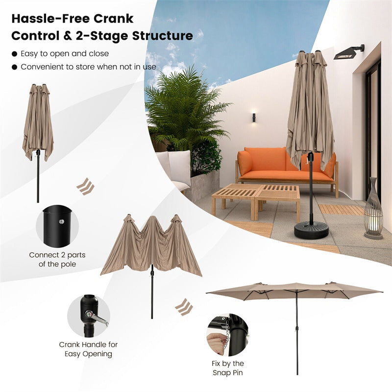 15FT Double-Sided Patio Market Umbrella Large Outdoor Twin Umbrella with Crank Handle & Vented Tops for Poolside Deck Lawn Garden