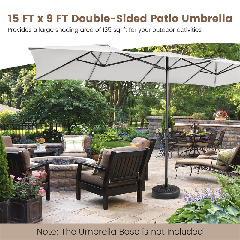 15FT Double-Sided Patio Market Umbrella Large Outdoor Twin Umbrella with Crank Handle & Vented Tops for Poolside Deck Lawn Garden