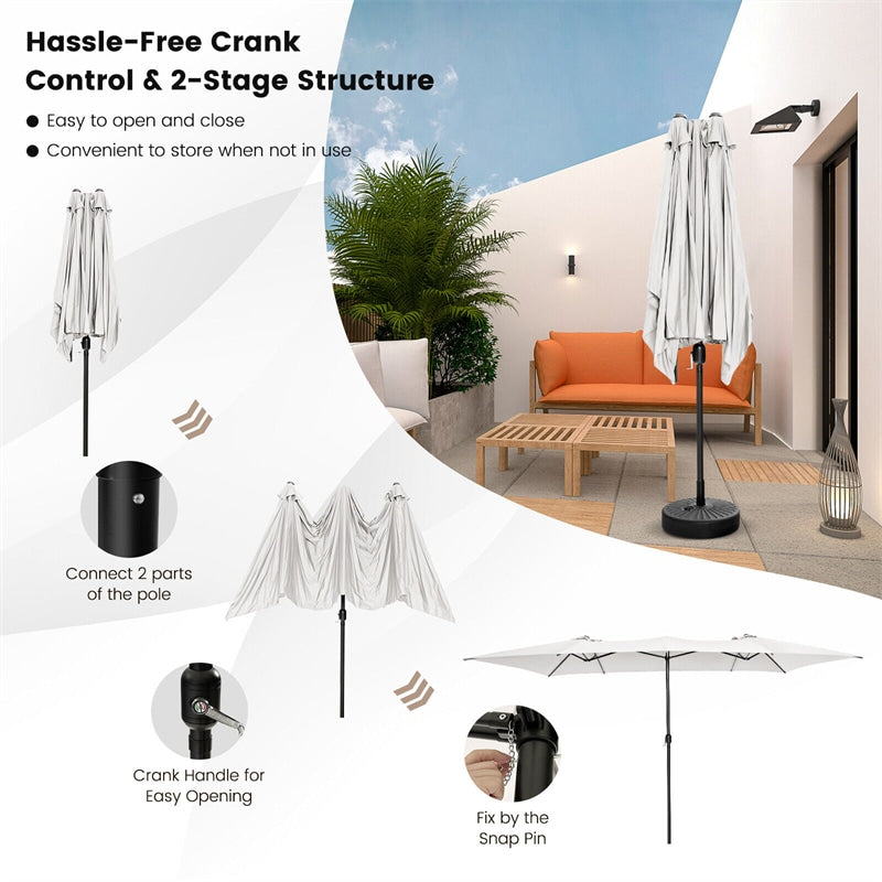 15FT Double-Sided Patio Market Umbrella Large Outdoor Twin Umbrella with Crank Handle & Vented Tops for Poolside Deck Lawn Garden