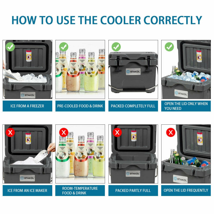 16 Quart 24-Can Capacity Portable Insulated Ice Cooler with 2 Cup Holders for Outdoor Camping