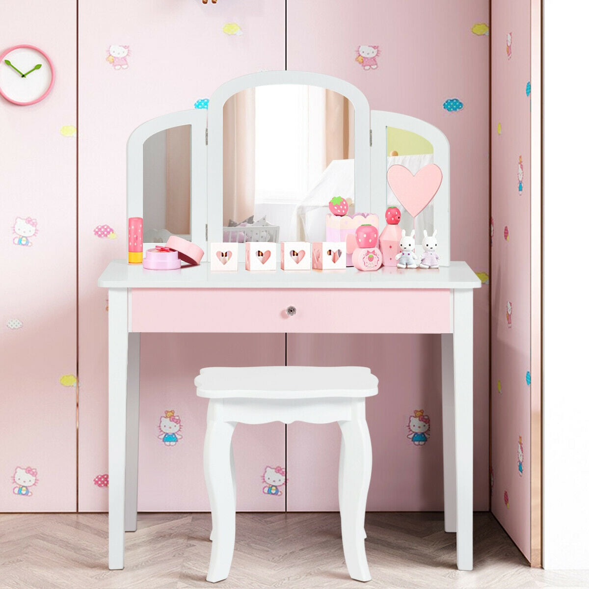 Kids Princess Make Up Dressing Table with Tri-folding Mirror and Chair