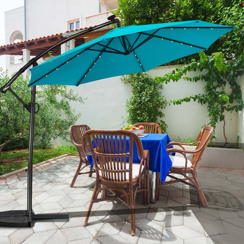 10FT Offset Patio Umbrella Solar Powered LED Outdoor Market Umbrella 360 Degree Rotation with Crank Handle & Cross Base