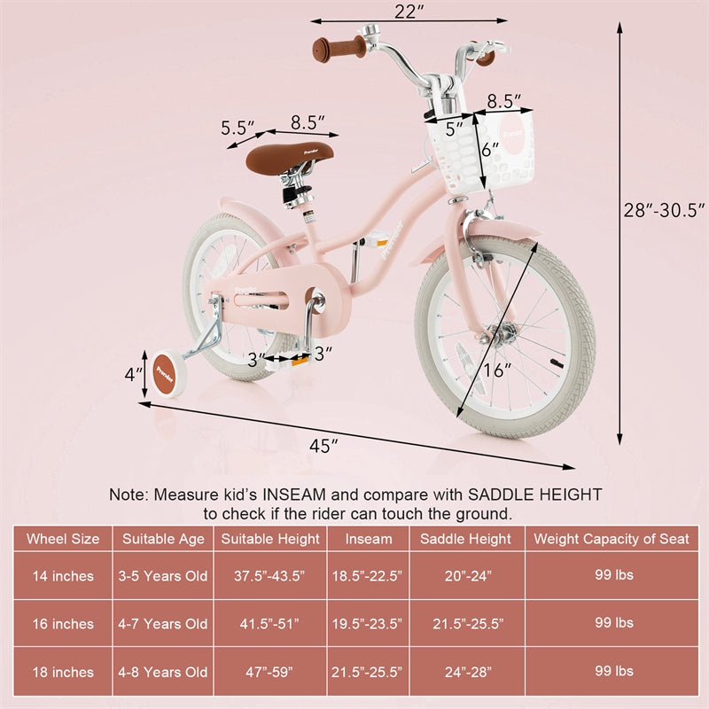 16" Kids Bike Toddler Bicycle Girls Boys Bike for 3-8 Years Old with Training Wheels Adjustable Seat Removable Basket