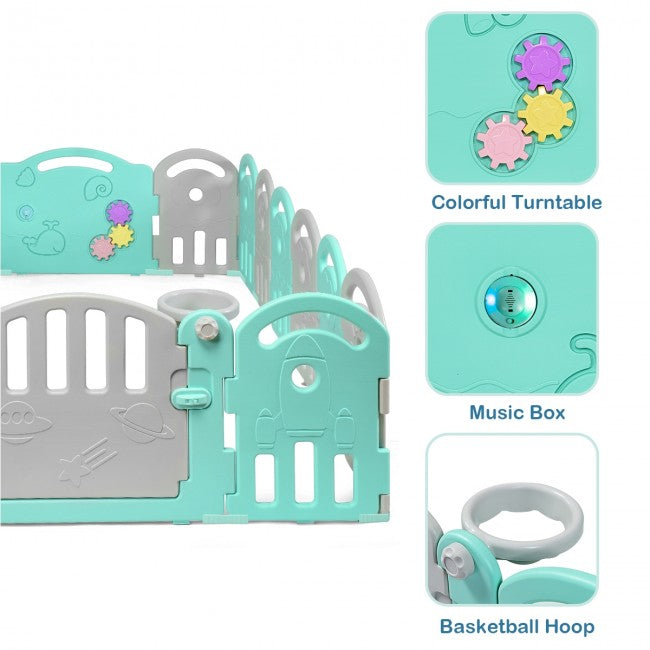 18-Panel Baby Playpen Kids Safety Play Center with Music Box & Basketball Hoop