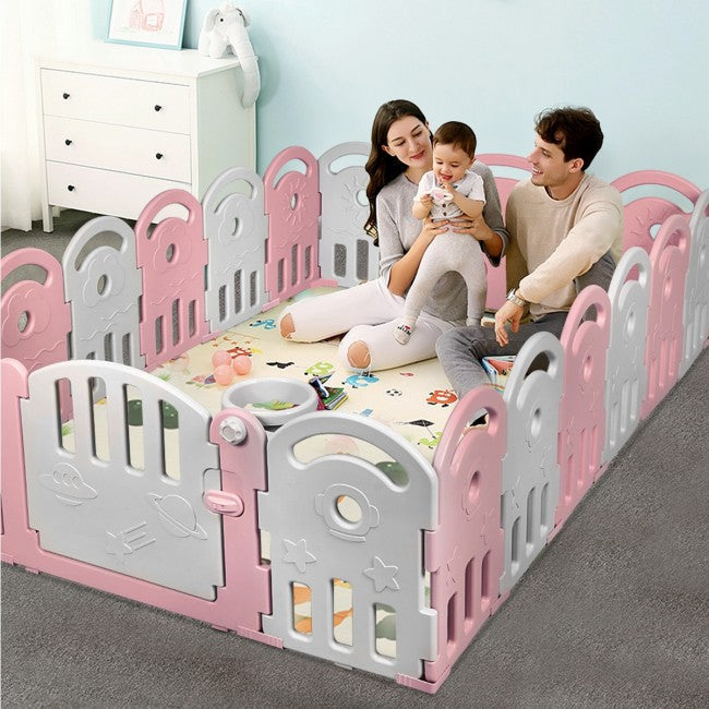 18-Panel Baby Playpen Kids Safety Play Center with Music Box & Basketball Hoop