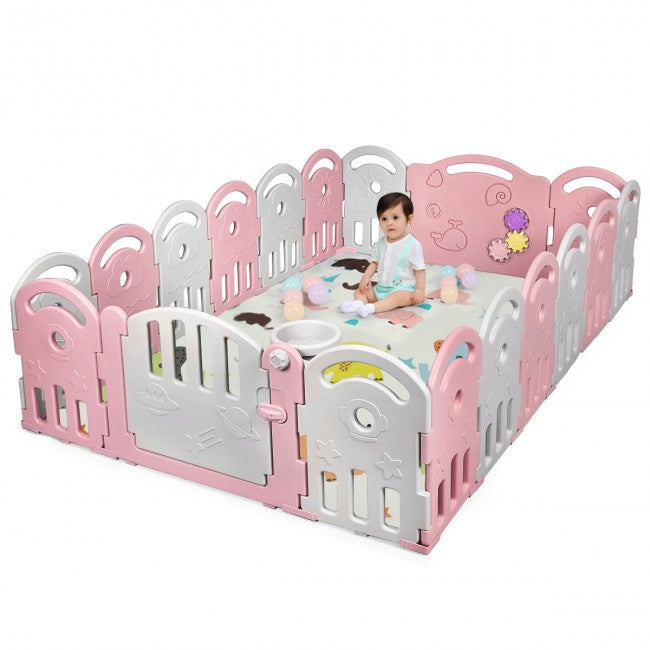 18-Panel Baby Playpen Kids Safety Play Center with Music Box & Basketball Hoop