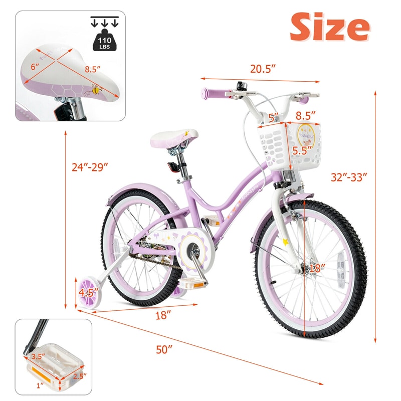 18 Inch Kids Bike Toddler Bicycle with Removable Training Wheels & Adjustable Seat for Boys Girls