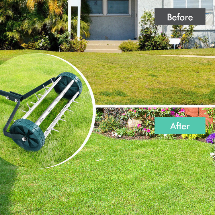 18 Inch Rolling Lawn Aerator with Anti-slip Handle and Tine Spikes