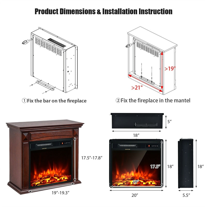 18" Electric Fireplace Insert 1500W Recessed Fireplace Stove Heater with Remote Control