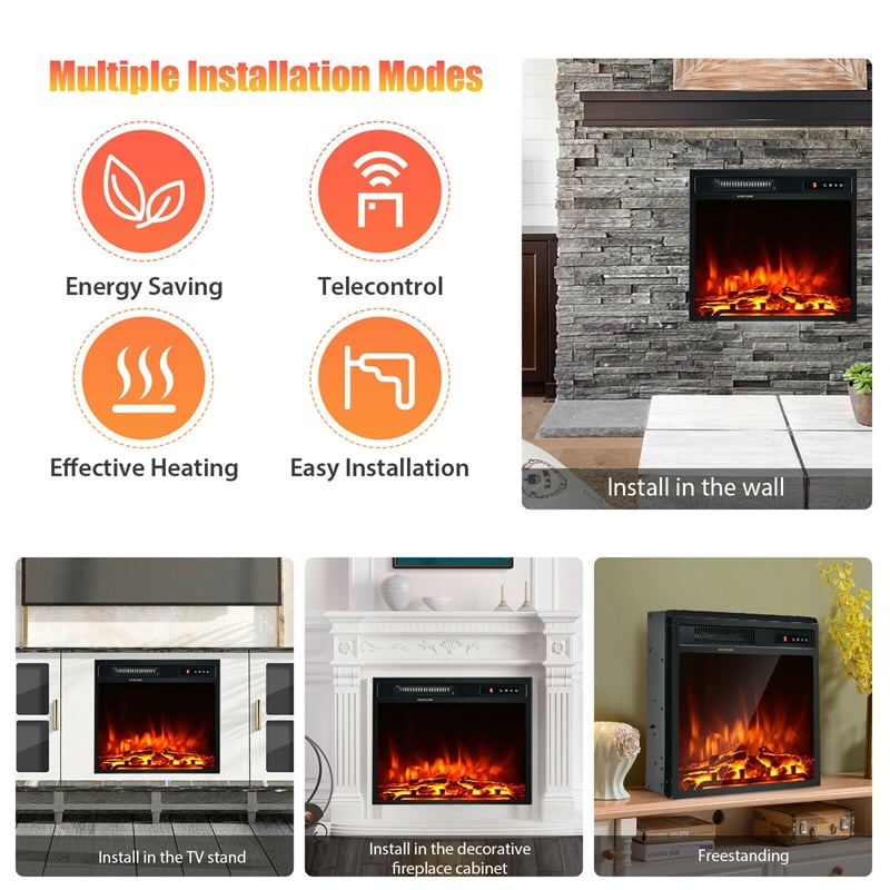 18" Electric Fireplace Insert 1500W Recessed Fireplace Stove Heater with Remote Control