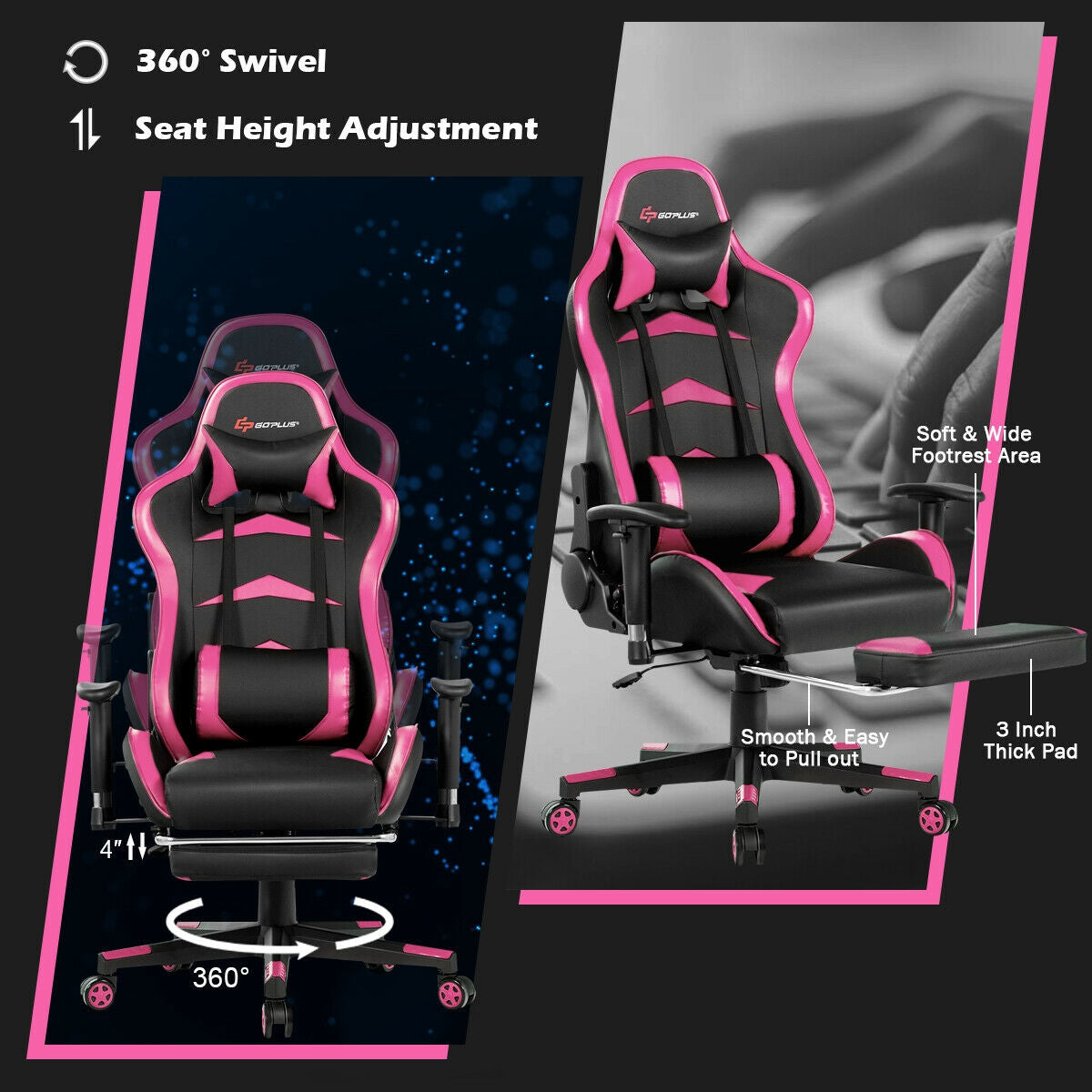 Massage Gaming Chair with Footrest and Adjustable Height