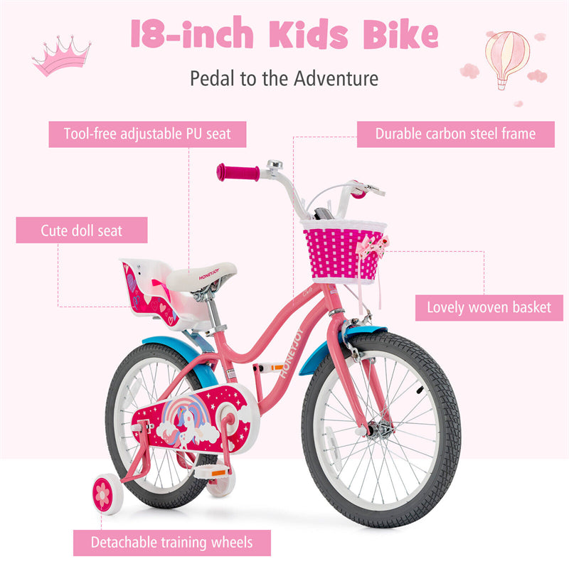 18 Inches Kids Bike Steel Frame Girls Pink Bicycle with Removable Training Wheels & Adjustable Seat