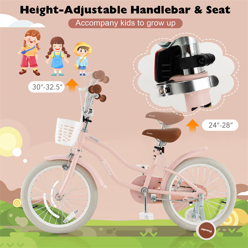 18" Kids Bike Toddler Bicycle Girls Boys Bike for 3-8 Years Old with Training Wheels Adjustable Seat Removable Basket