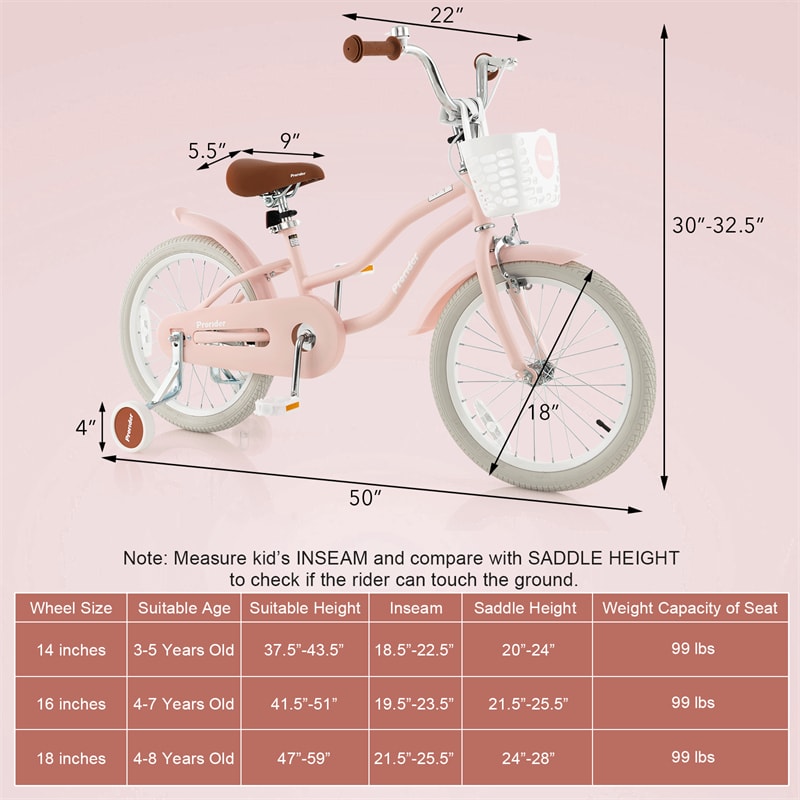 18" Kids Bike Toddler Bicycle Girls Boys Bike for 3-8 Years Old with Training Wheels Adjustable Seat Removable Basket