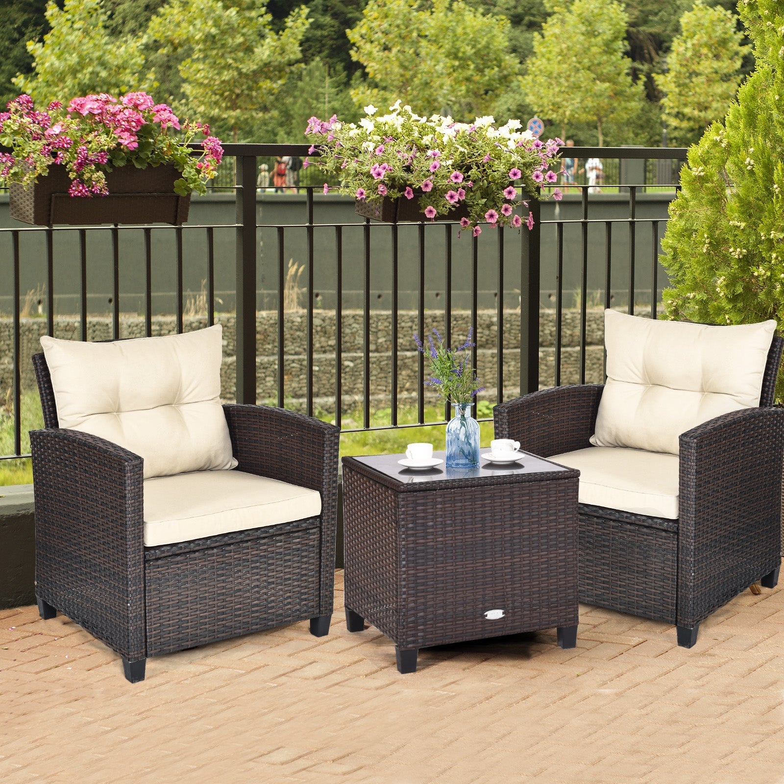 3 Pieces Rattan Patio Furniture Set with Easy-to-clean Cushions