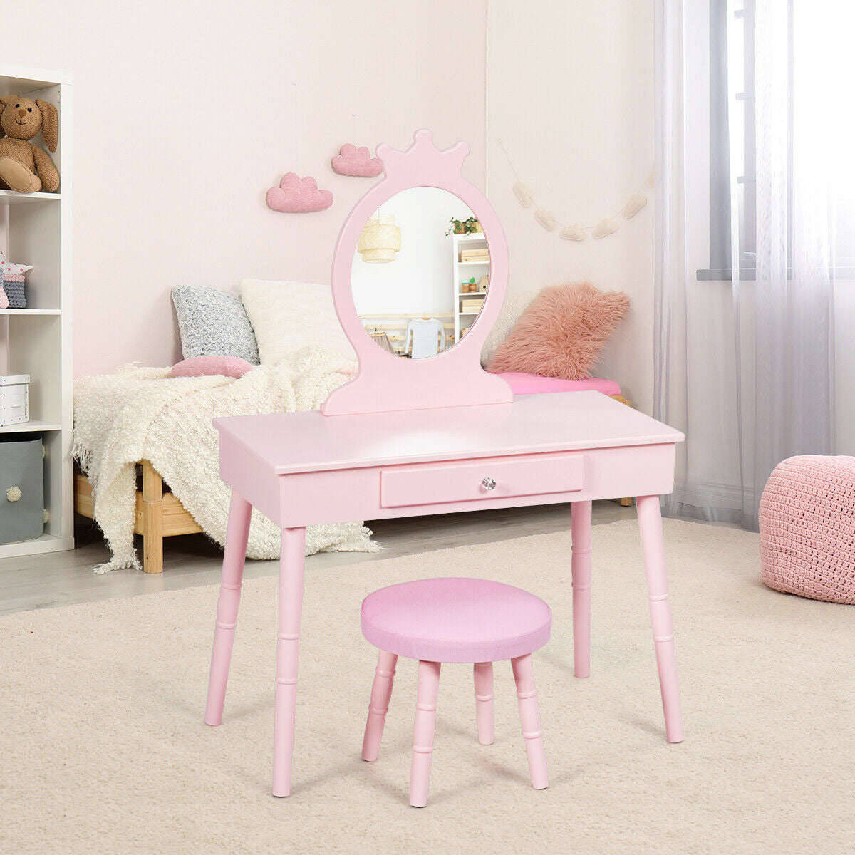 Wooden Princess Makeup Table with Cushioned Stool for Kids